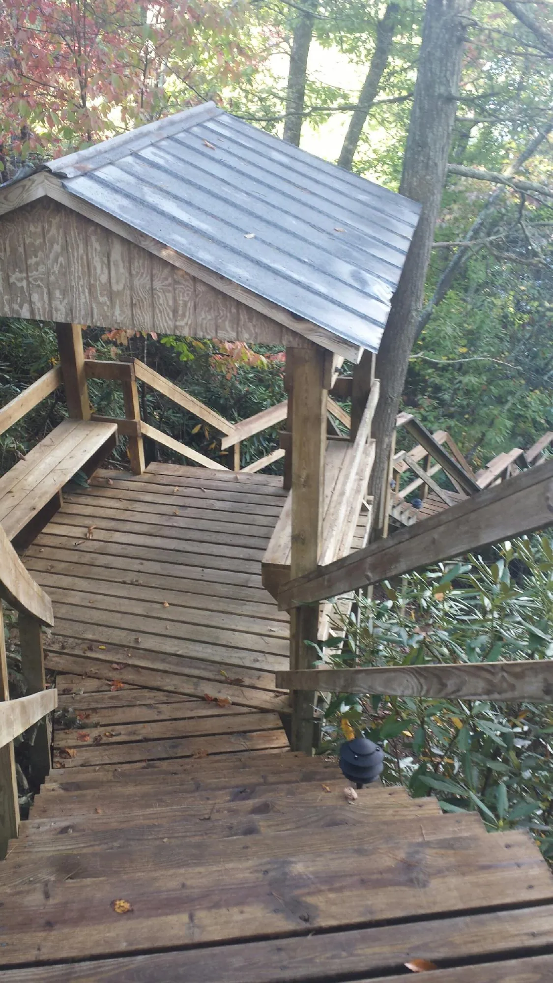 Metal roofed shelter over wooden steps on a wooded walkway — Skylight Repair & Installation work by our crew in Porter